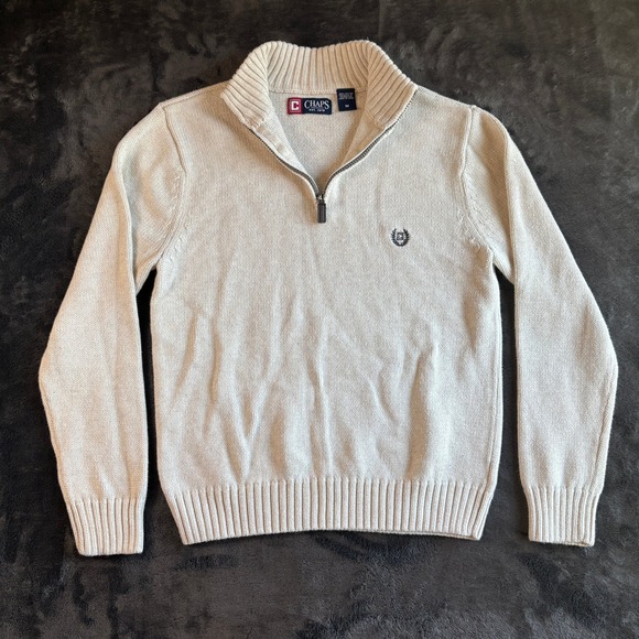 Chaps EST. 1978 Mens Medium Quarter Zip Mock Neck Knit Sweater Beige - Picture 1 of 9